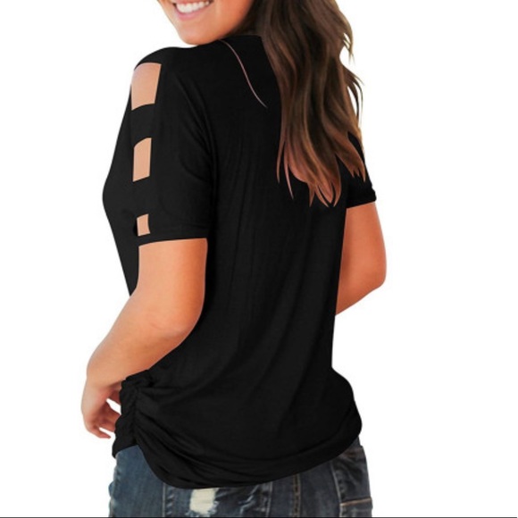 Black Cut Out Sleeve V Neck T-shirt - Picture 2 of 11